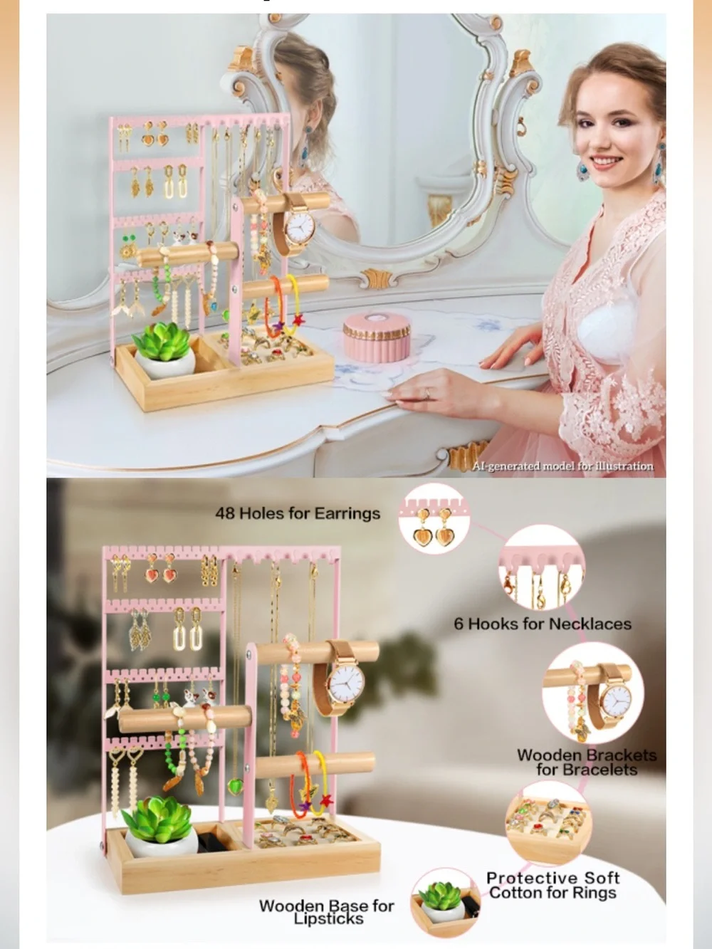 Pink Jewelry Organizer Stand with Ring Holder & Earring Display EUC